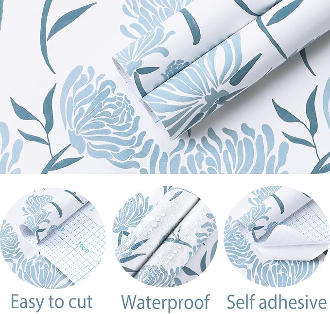 Hopepak 17.3" x 78.7" Peel and Stick Wallpaper Floral Contact Paper Blue Wall Paper Modern Self Adhesive Removable Vinyl Wallpaper for Bedroom
