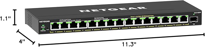 NETGEAR 16-Port PoE Gigabit Ethernet Easy Smart Managed Essentials Switch (GS316EPP) - with 15 x PoE+ @ 231W, 1 x 1G SFP Port, Desktop or Wall Mount