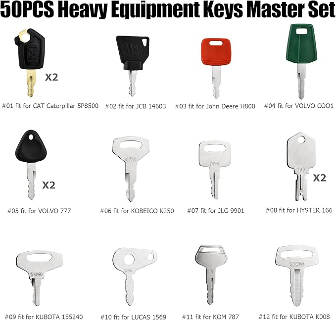 50 Heavy Equipment Keys Master Set, Construction Machinery Keys Set for Cat Catrepillar John Deere Komatsu Kubota Volvo Case JCB Hyster JLG Yanmar Takeuchi New Holland Heavy Equipment