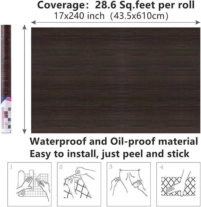 Arthome 16.5" x240''Peel and Stick Wood Contact Paper Self-Adhesive Brown Walnut Wallpaper,Decorative Vinyl Film for Countertop,Cabinets,Shelf,Drawer Liner,Easy to Clean Removable Wall Covering