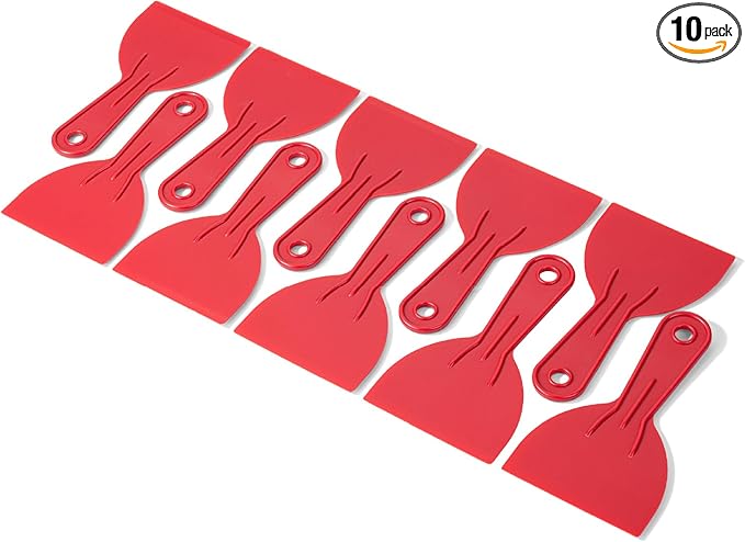 Bates- Plastic Putty Knife Set, 4 Inch, 10 Pack, Red, Flexible Paint Scraper Tool for Spackling, Spackle Tool, Plastic Putty Knife Scraper, Solvent Resistant