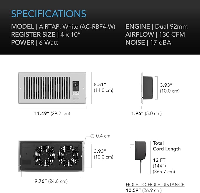 AC Infinity AIRTAP T4 White, Register Booster Fan for 4” x 10” Register Holes, Improves Heating & Cooling Vents, Quiet 10-Speeds, Bluetooth App Control Data Alerts. ONLY FITS 4” x 10” Duct Openings