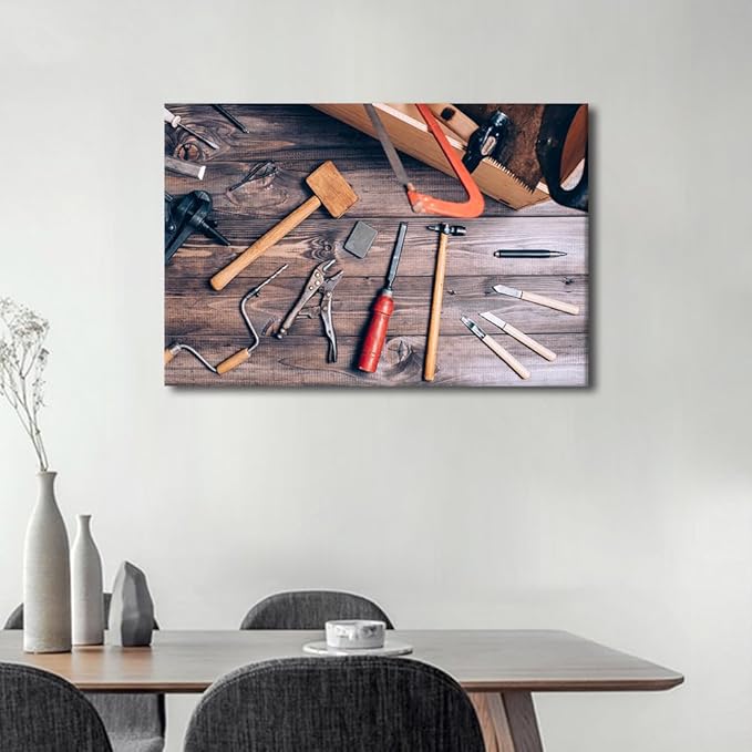 TUMOVO Wall Art for Office Wall Art Instruments on Wooden Table Background 1 Panels Picture Canvas Print Artwork Home Study Repair Shop Wall Decor Modern Poster ((16" Wx24 H)