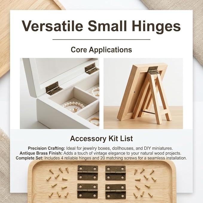 4 Pcs Mini Brass Hinges for Wooden Boxes, Small Folding Butt Hinges for Jewelry Box, Cabinet, Drawer and Craft Projects, Durable Decorative Hinges with Screws(20cps) for DIY Cases and Furniture