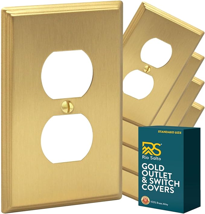 Rio Salto BRASS Gold Metal Outlet Cover or Decorative Light Switch Cover Wall Plate Single Duplex Receptacle Wallplate Covers 1 Gang 4.50" x 2.76" 5-Pack Standard Size Modern Metal Brushed Brass