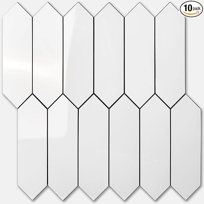 Vamos Tile Glossy White Backsplash Tile Peel and Stick, 12.8 x 12.8 Inch 10 Sheets Long Hexagon PVC Self Adhesive Mosaic Wall Tiles Stick on Backsplash for Kitchen and Bathroom