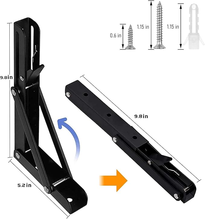 Folding Shelf Brackets - 10 Inch 2 Pcs Heavy Duty Metal Collapsible Triangle Shelf Bracket, DIY Wall Mounted Foldable Shelf Bracket, Space Saving for Bench Table with Screws