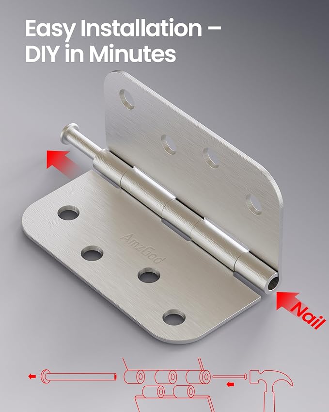 24 Pack 4 Inch Brushed Nickel Door Hinges, Heavy Duty Satin Nickel Hinges with 5/8" Radius Corners, Interior & Exterior Residential Front Door Use