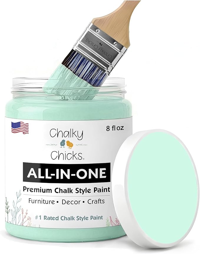 Chalky Chicks All-in-One Chalk Paint for Furniture or Cabinet - 8 Fl Oz - Matte Finish Wintergreen (Mint) for Metal, Wood Furniture Paint - No Sanding All-in-One for Home Decor & Crafts, USA Made