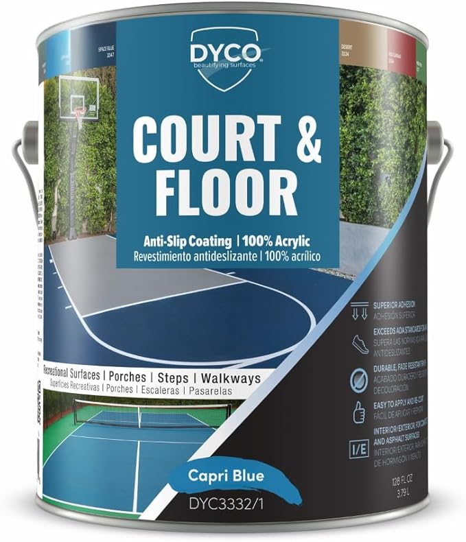 DYCO Court & Floor Anti-Slip Coating - Slip-Resistant Pavement, Cement & Concrete Paint for Pickleball, Tennis & Basketball Courts, Exceeds ADA Standards for Safety Areas (Capri Blue, 1 Gallon)