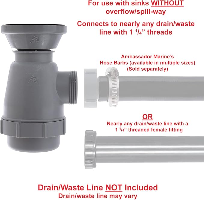 Ambassador Marine - 2 inch Drain, Trap Sink Drain, 1-1/4 inch-M Thread, w/Chain Stopper - Ultra-Mirror Finish - S00-0116-UP-W