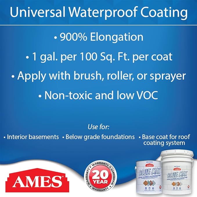 AMES BMX1WRG 1 Gallon Blue Max, White Liquid Rubber Waterproofer,Regular Grade 1 Gallon - for Use in Interior & Below-Grade Exterior - Concrete Sealer, House Paint and More.