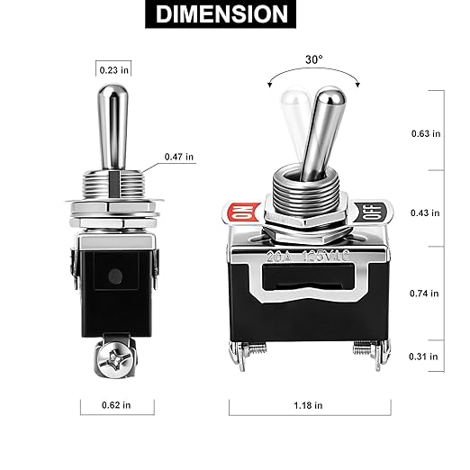 12V Waterproof Toggle Switch,Durable SPST 2Pin 20A 125V AC/ 15A 250V AC Heavy Duty ON/Off Switch with Waterproof Cap Terminals，Suitable for Automotive Boat Truck–Pack of 5
