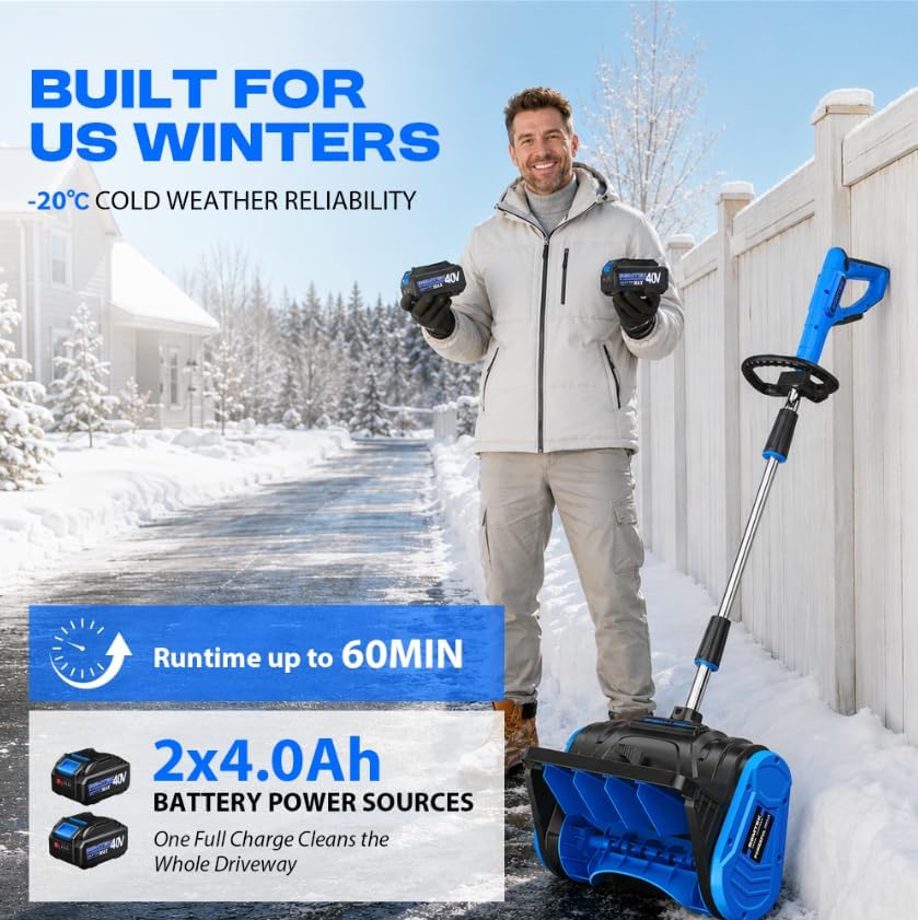 40V Cordless Snow Shovel, 13" Brushless Electric Snow Blower with 2 x 4.0Ah Batteries and Charger, 30 FT Throw, 16" Clearing Width, 8" Depth, for Driveway Deck Patio Walkway