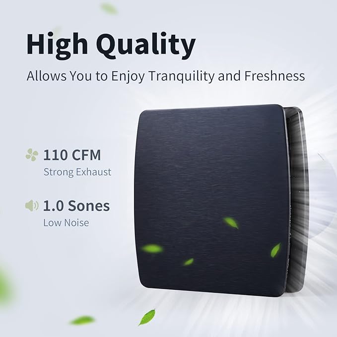 Zeyzer Black Bathroom Fan 110 CFM 1.0 Sone 5.9" Duct Square Ceiling or Wall Mount Ventilation Exhaust Fan for Bathroom/Corridor/Office/Laundry Room/SHop