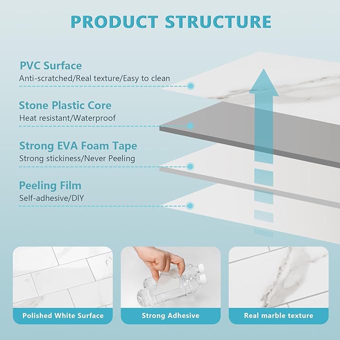 Vamos Tile 100-Piece Peel and Stick Backsplash Seamless Tile,3''x6'' Glossy Statury White Marble with White Grout PVC Subway Tile,Stick on Backsplash for Kitchen/Bathroom/Laundry Room