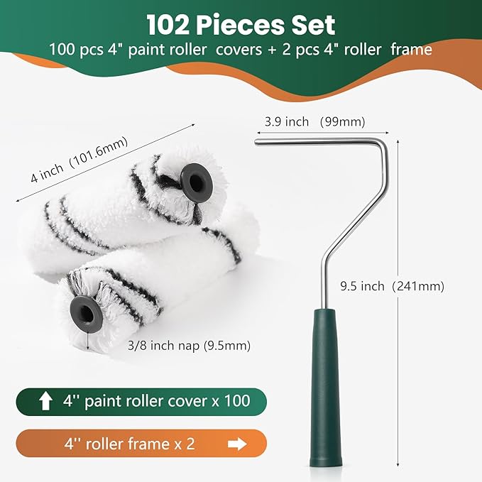 100 Pack 4 Inch Microfiber Paint Roller Covers with 2pcs Anti Rust Metal Roller Frames, Professional Grade Painting Tools for Walls, Ceilings, Furniture