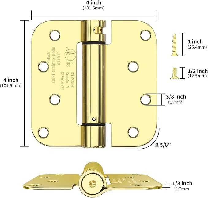 goldenwarm 4pack Polished Brass Door Hinges 4 Inch Self Closing Spring Door Hinge with 5/8" Radius Corners - Adjustable Door Closing, Residential & Heavy-Duty Hardware