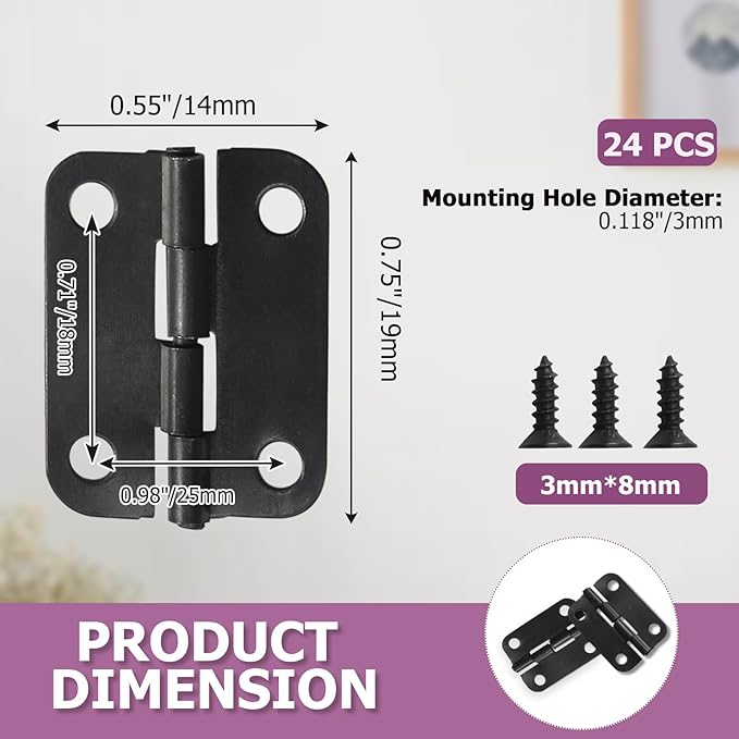 24pcs Butt Hinges Black Door Hinges, 1" x 3/4" Cabinet Door Hinge, Flat Folding Box Hinges for Jewelry, Wooden Box, Small Cupboard Furniture Hinges