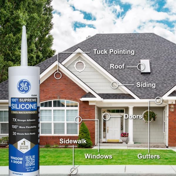 GE Supreme Silicone Caulk for Window & Door, Clear, 10 fl oz Cartridge, 1 Pack - 100% Waterproof Silicone Sealant, 7X Stronger Adhesion, Shrink & Crack Proof