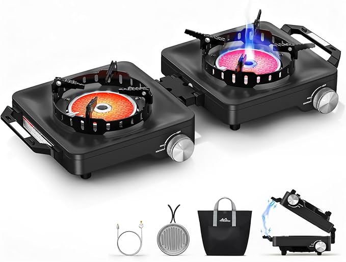 MoKo Propane Camping Stove 2 Burner, 36,000 BTU Infrared & Open Flame Hybrid, Windproof Folding Portable Outdoor Gas Cooking Kit with Frying Pan & Carry Bag For RV, Tailgating, Survival, Black