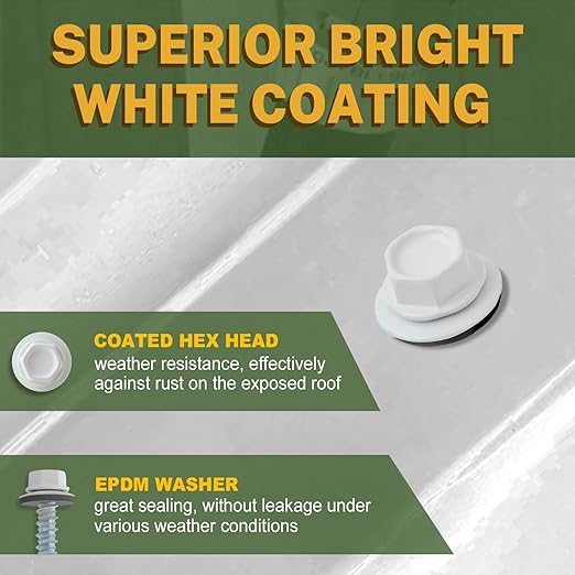 LIONMAX Metal Roofing Screws #14 × 1-1/2 Inch, 500-PCS, White Painted Hex Head Sheet Metal Roof Screws, Rubber Washer, Sharp Point, Metal to Wood Siding Screws, Hex Socket Included