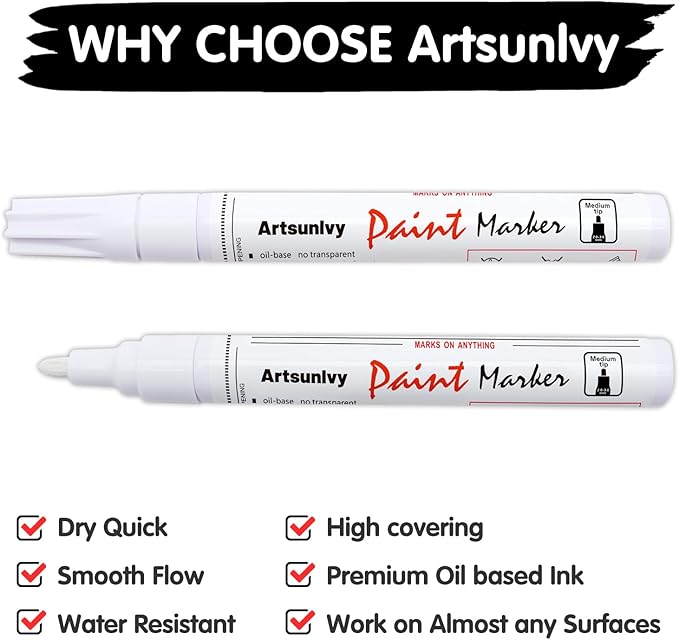 Artsunlvy Black Paint Pens Permanent Markers - 2 Pack Oil Based Quick Dry Waterproof Markers for Plastic, Tire, Rubber,Wood, Rocks, Metal, Canvas, Dark Surface,Craft Art Supplies,Medium Point