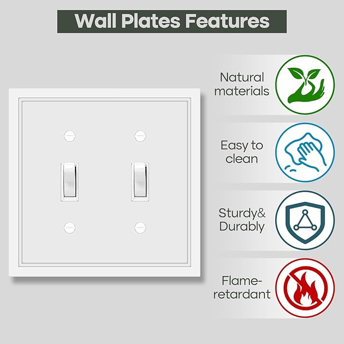 Double Toggle Light Switch Cover Plate White Classic Decorative Light Switch Plates Cover 2 Gang Wall Plate Switch Cover, 2 Pack
