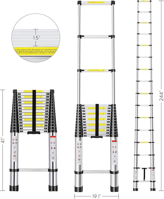 Telescoping Ladder, 20.3FT Aluminum Extension Ladder with 2 Replacement of Non-Slip Rubber Cover, Telescopic Ladder Portable Collapsible RV Ladder for Indoor Outdoor Work, 330 lb. Weight Capacity