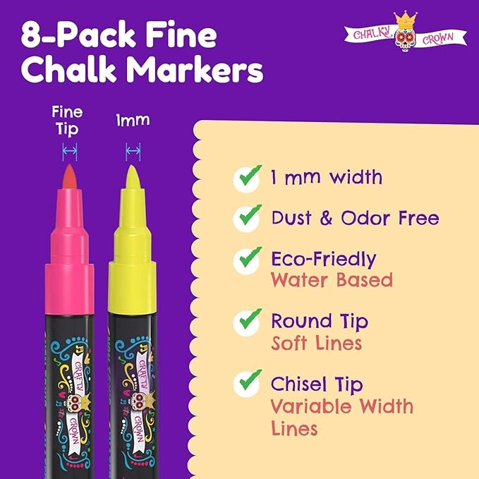 Bold Chalk Markers - Dry Erase Marker Pens - Liquid Chalk Markers for Chalkboards, Signs, Windows, Blackboard, Glass - Reversible Tip (8 Pack) - (Multicolored, 1mm)