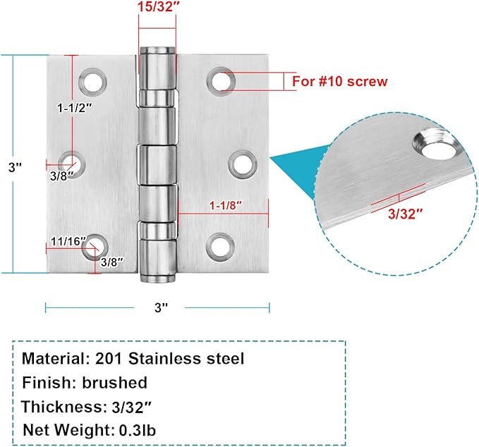 6 Pack 3" x 3" Square Door Hinges, Stainless Steel Butt Hinges, Ball Bearing, Load 100 lbs