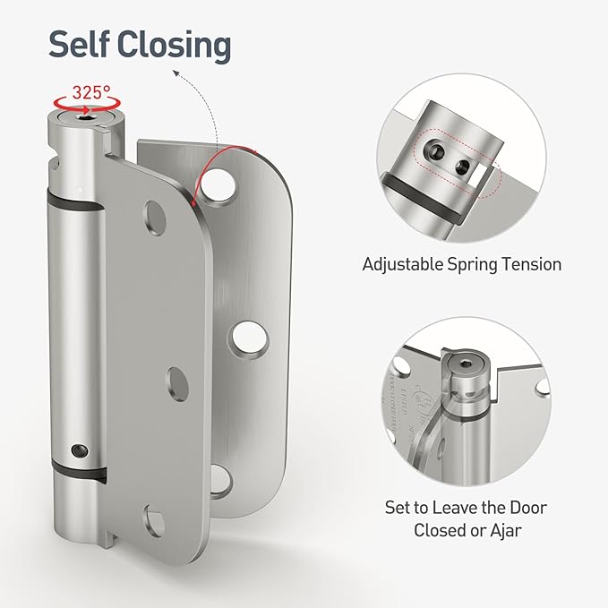 HOSOM Self Closing Door Hinges 3.5 Inch, Spring Loaded Hinges, Adjustable Tension for Interior Door, UL Listed, for Left and Right Hand Door, 5/8'' Radius Corners, Brushed Nickel, 1 Pack