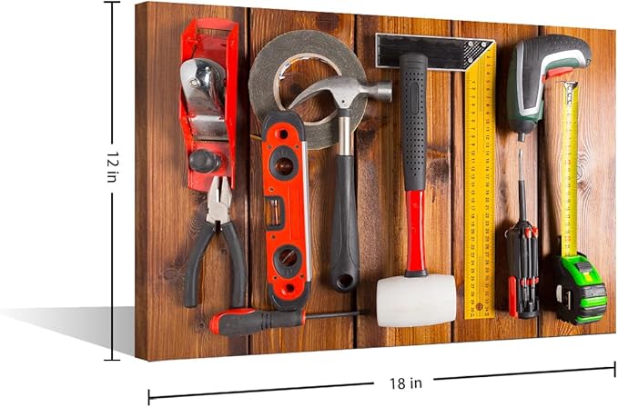 Blue Background House Renovation Tools and Accessories Top View Picture 1 Panels Canvas Wall Art Tape Measure and Hammer Poster Framed Artwork for Home Living Room Bedroom Wall Decor (12" Wx18 H)