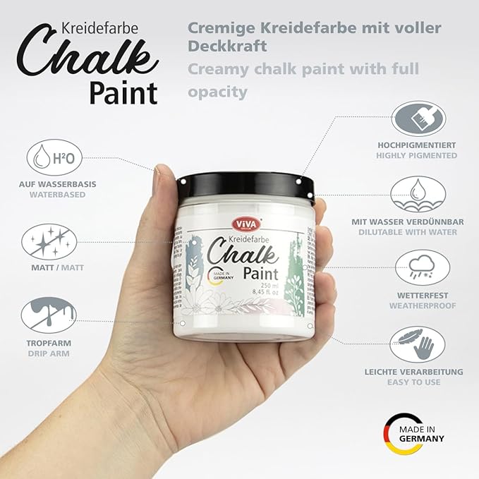 Viva Decor Chalk Paint (Arctic Snow) 8.45oz - Chalky Finish Paint for Furniture, Walls & Decor, Matte Finish, Water-based, High Pigment, Perfect for Shabby Chic & Vintage Looks. Suitable for Wood