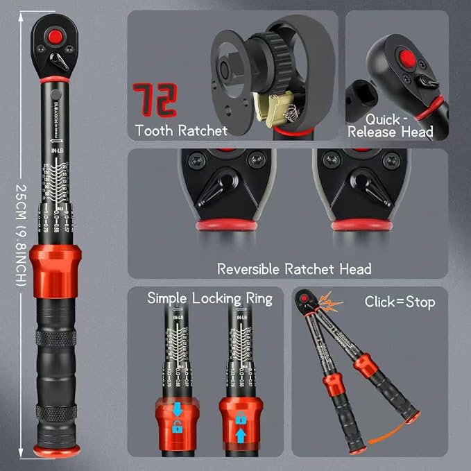 1/4-Inch Drive Torque Wrench 20-240in.lb/2.3-27.1Nm | ±3% Precision Dual Direction Torque Wrenches with 72-Tooth Dual Range Scales