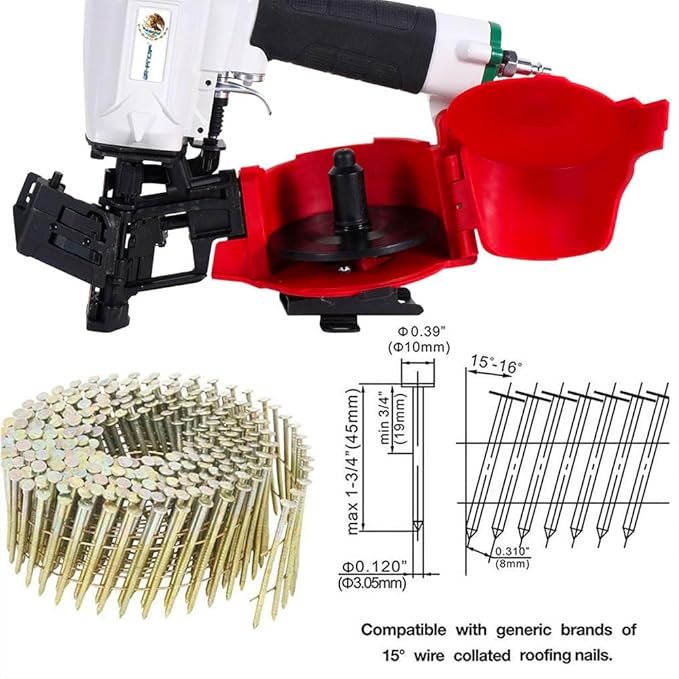 Mexican CN45N Roofing Nailer, 15 Degree Roofing Nail Gun, 3/4-Inch to 1-3/4-Inch Coil Nails, 120-pcs Load Capacity Coil Naile (Green/Red）