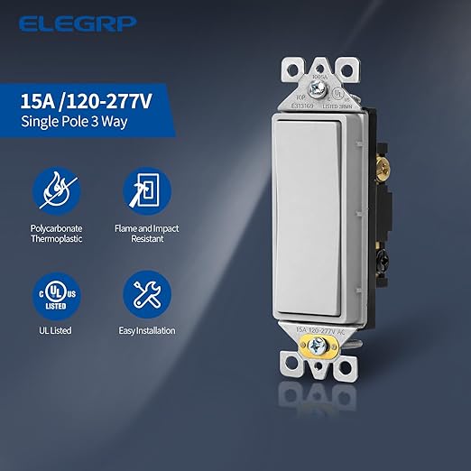 ELEGRP Matte Gray 3 Way Decorator Light Switch, 15A 120-277V, Paddle Rocker Switch Replacement, On/Off Wall Switch, Self-Grounding, Residential Grade, UL/CUL, 10 Pack