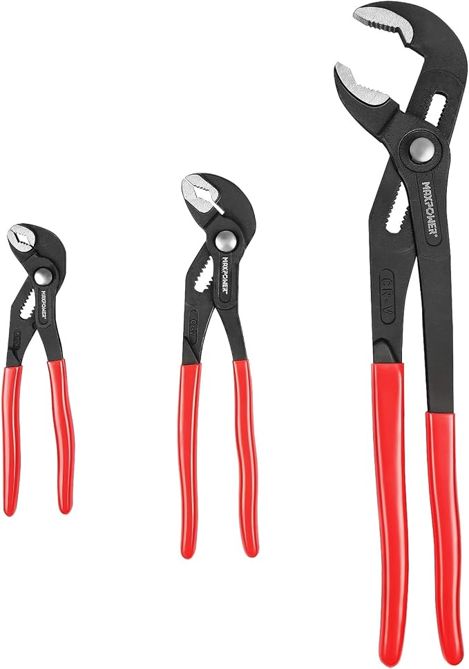 MAXPOWER 7" 10" 16" Water Pump Pliers Set, Push Button V Jaw, Quick Release | 3-Piece Adjustable Tongue and Groove Pliers with Carrying Bag, Plumbing Tool for Homeowner Plumber HVAC Mechanic