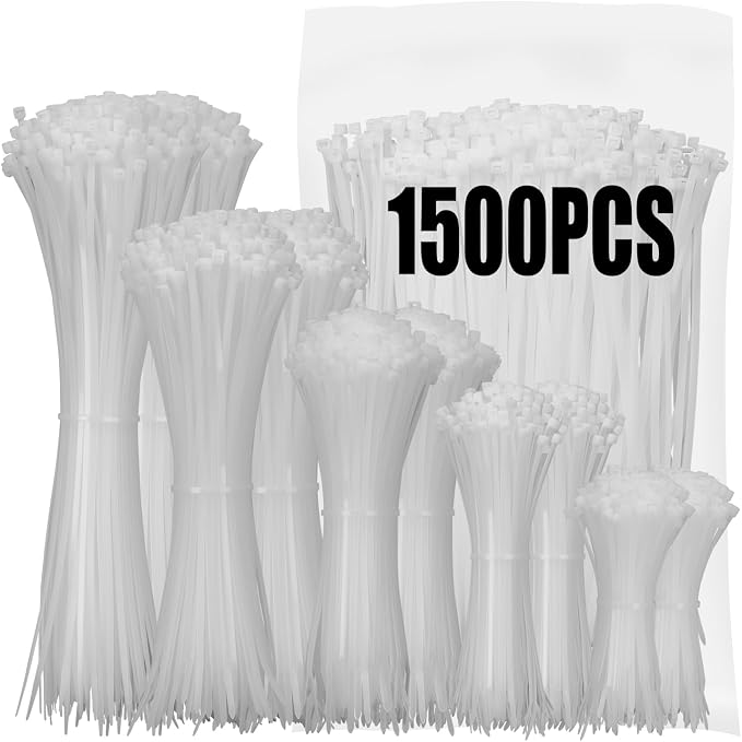 XINGO White Zip Ties Assorted Size 1500 Pack, 4+6+8+10+12 Inch, Self-Locking UV Resistant Nylon Cable T iesPerfect for Home, Office, Garden and Workshop