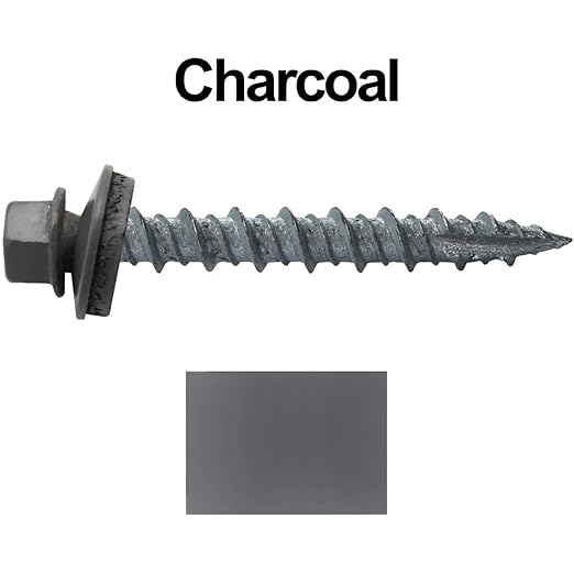 10 x 1-1/2" Charcoal Metal Roofing Screws - Hex Washer Head- Self-Starting/Tapping - EPDM Washer. 1 x 250 Count Bag - 250 Screws