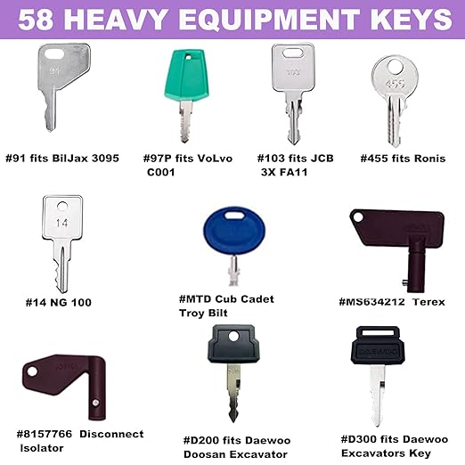 58 Heavy Equipment Key Master Set, Construction Ignition Key Heavy Machinery Fits Cat Caterpillar John Deere Komatsu Bobcat Kubota JCB Case Hyster Yanmar Daewoo Takeuchi New Holland