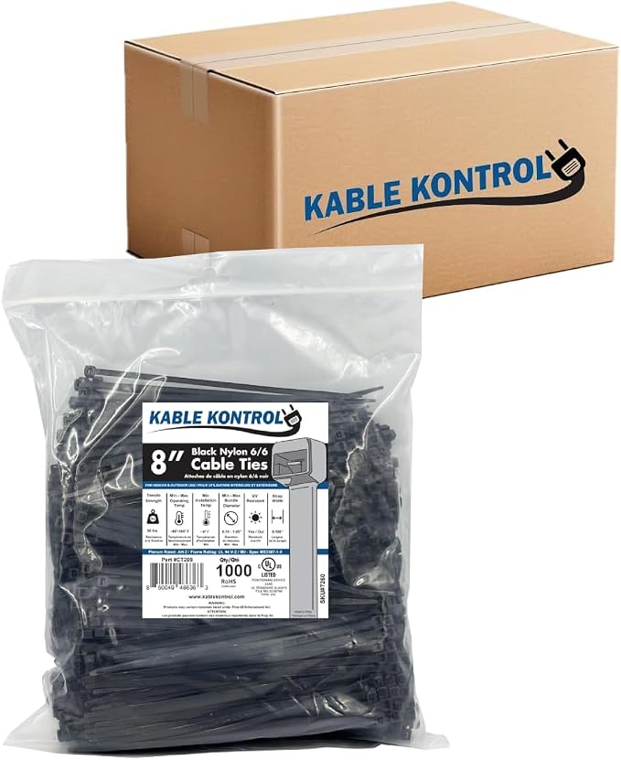 Kable Kontrol Cable Zip Ties, 8 Inch, 10000 Pcs, 50lbs Test, Black | Nylon Plastic, UV-Resistant, Self Locking, UL Listed, Indoor & Outdoor Use