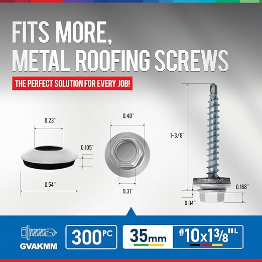 300Pcs #10 x 1-3/8" Zinc Metal Roofing Screws, Hex Colored Head Self-Drilling Metal to Wood Siding Fasteners, in Reusable Storage Case, Hex Driver Bit Included