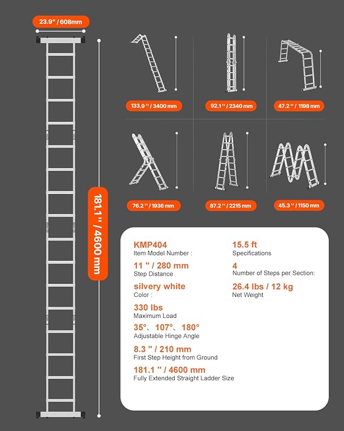 VEVOR Multi-Purpose Folding Ladder, 7-in-1 Tall Extension Step Ladder, A Frame 4 Step Telescoping Ladder, 15.5ft Reach Height Heavy Duty Adjustable Ladder, 330 lbs Capacity for Home Outdoor