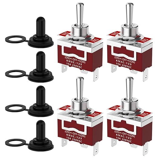 Momentary Toggle Switch, Malictele SPDT 3Pin (ON)-Off-(ON) Marine Toggle Switch 12VDC 30A/250VAC 15A Heavy Duty 3 Way with Waterproof Cap for Auto Car Boat- 4 Pack