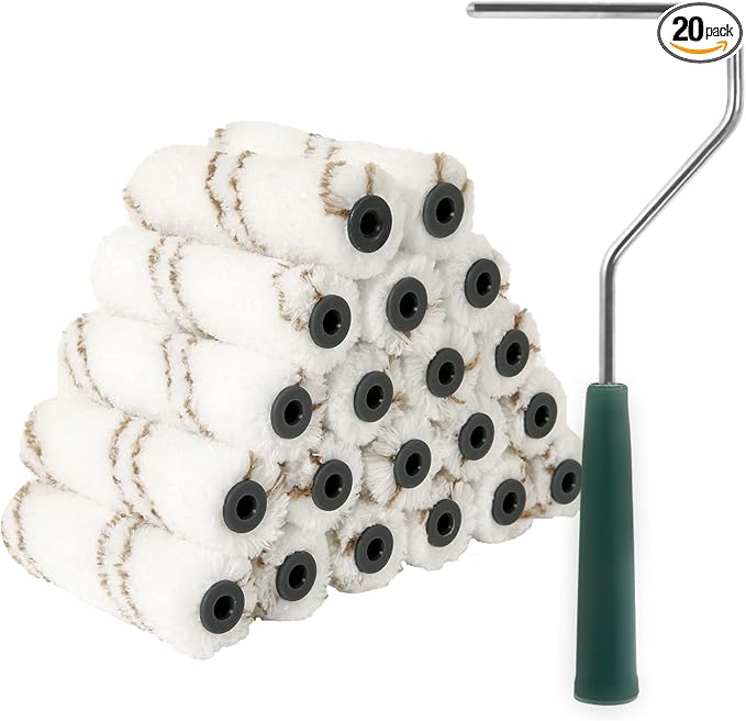 Mister Rui Microfiber Paint Roller Covers, 20 Pack 4 Inch Microfiber Roller Covers with Roller Frame, Mini Rollers for Painting, Small Roller Cover Use with All Paints and Stains