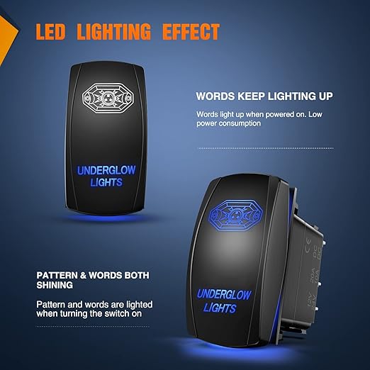 Nilight Underglow Lights Rocker Switch Led Light Bar 5Pin Laser On Off SPST switches 20A/12V 10A/24V Blue with Jumper Wires Set for Cars Trucks RVs