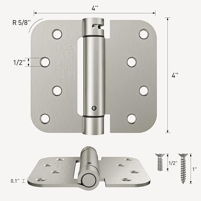 HOSOM Self Closing Door Hinges Brushed Nickel Spring Loaded Hinges 4 Inch Adjustable Tension for Garage, Front Door, Back Door, UL Listed, for Left and Right Hand Door, 5/8'' Radius Corners, 3 Pack