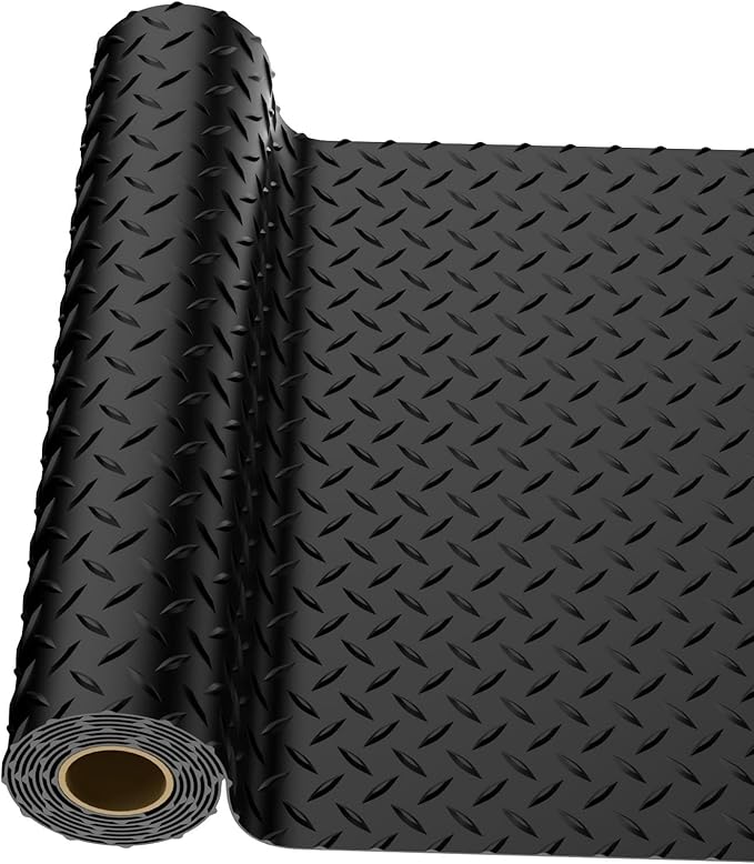 4x6 FT Garage Floor Mat, 2.8mm Thickened PVC Flooring Roll for Under Car, Golf Cart Parking Mat, Diamond Plate Black Motorcycle Mat for Warehouse, Basement, Gyms, Trailer（Included Tapes）