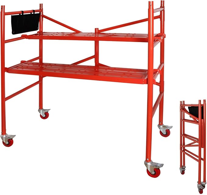 LEADALLWAY Portable Rolling Scaffolding Platform 4 Foot High Mobile Baker Scaffolding 770 LBS Capacity with Locking Wheels and Tool Bag, Red